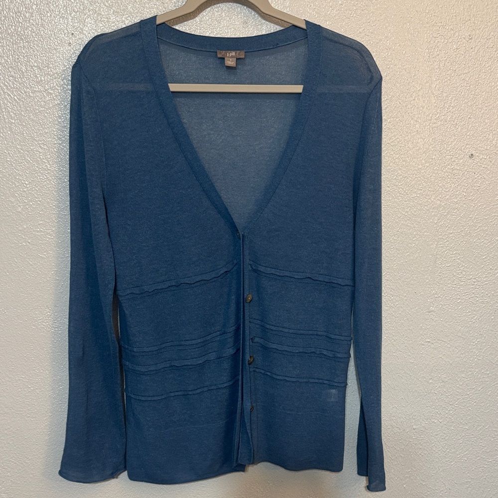 J. Jill Linen Blend Sheer Tiered Boho Cardigan Sweater Teal Blue V-Neck Small